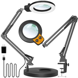 KIRKAS 12X Magnifying Glass with Light and Stand, Any Color Modes & Stepless Brightness LED Magnifying Lamp with Clamp, 2-in-1Hands Free Magnifier Desk Lamp for Repair Painting Crafts-Knob Yellow