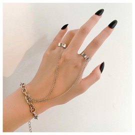 Allereya Vintage Layered Finger Ring Bracelet Silver Slave Bracelet Hand Chain Punk Paper Clip Chain Bracelet Punk Hand Harness Chain Jewellery for Women and Girls