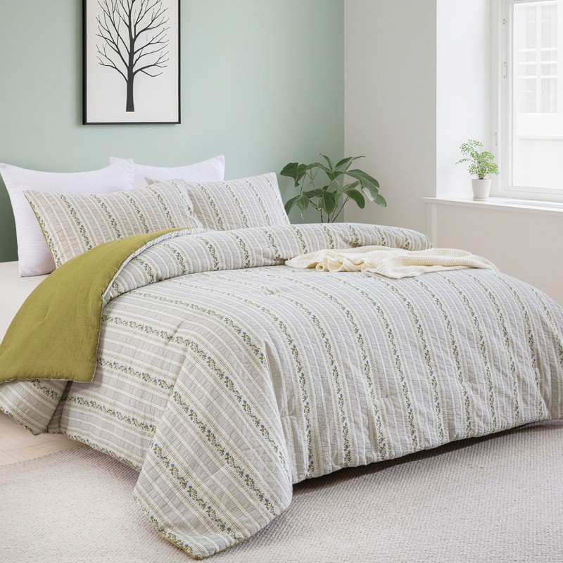 Purefair 100% Cotton Jacquard Comforter Set, Striped Floral Print, Soft