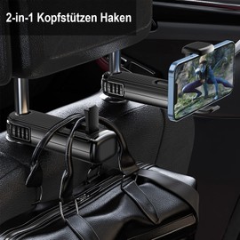 Loputon Kopfstützenhalterung Auto Haken, 2-in-1 Auto Kopfstützen Haken mit Handyhalterung, Versteckter Auto Haken, Autositzhaken für Geldbörsen und Taschen (Schwarz, 1 Stück)