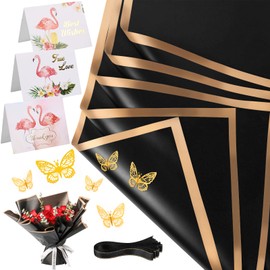 20 Sheets Flower Wrapping Paper - Waterproof Floral Bouquet Wrapping Paper, Florist Supplies with 3D Gold Butterfly Decor(Black-Rose Gold)