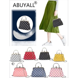 Polka Dot Handbag Vintage Kiss Lock Purse Frame Evening Bag Clutch Canvas Top Handle Chain Strap Party Bag, Black-dot, Small