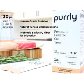 Purrly Cat Treat Topper Lickable Wet Squeezable Healthy Human-Grade Tuna & Chicken Breast with Prebiotic and Dietary Fiber for Indoor Cats (30 Count) Grain-Free Non-GMO No-Preservatives