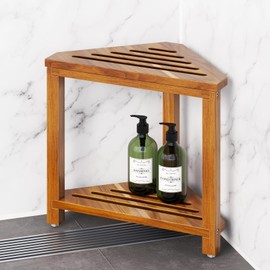 Kzeirm Acacia Wood Shower Stool 14" Height, Corner Shower Bench & Foot Rest for Shaving Legs, Waterproof Bath Seat with Storage Shelf, Compact Design for Small Inside Shower Spaces