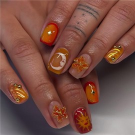 Short Nails Press on Square Gold Nails 3D Fake Nails Orange False Nails with Sun&Moon Floral Designs Flower Stick on Nails Glossy Glue on Nails for Women Girls 24Pcs