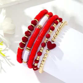 KZL Boho Love Heart Heishi Surfer Beaded Multilayer Stretch Bracelets Cute Colorful Polymer Clay Gold Beads Elastic Stackable Bracelets for Women-Red