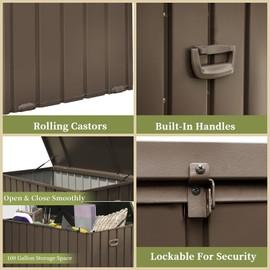 ChicFurnit Outdoor Storage Box, 100 Gallon Deck Box with Lockable Metal Lid & Portable Side Handles, Outdoor Storage Bin with Stable Support Rod, Soft Close Mechanism & Mobility Rollers, Dark Brown