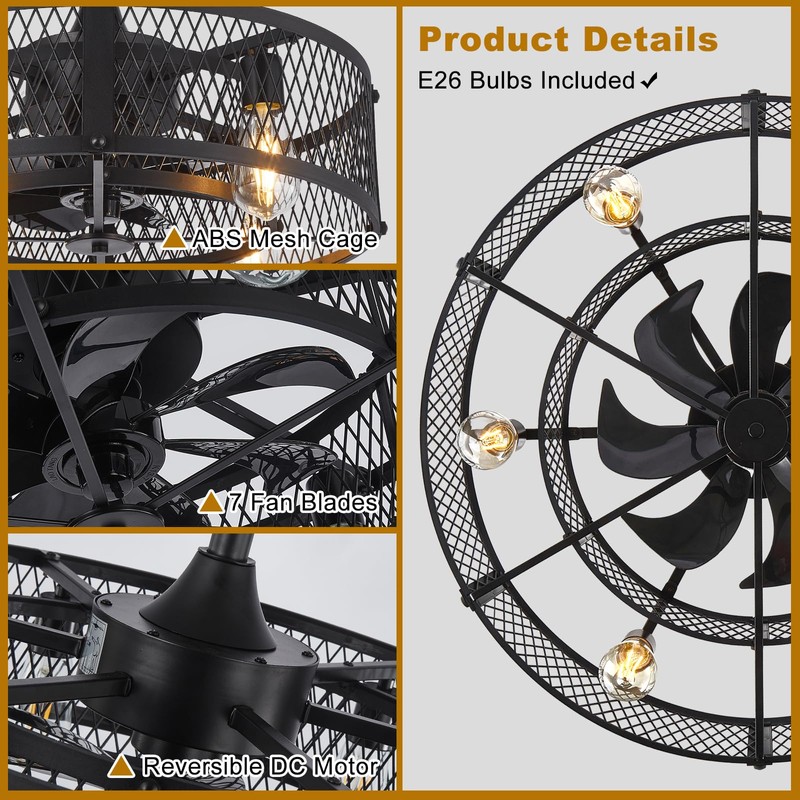 Depuley Black Ceiling Fans with Light: Flush Mount Caged Ceiling