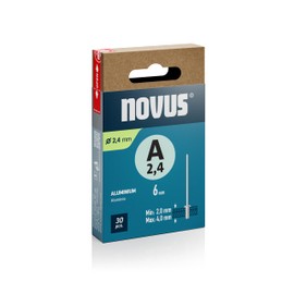 Novus Tools Aluminium-Blindnieten Ø 2,4 mm, 6 mm Länge, 30 Nieten, 2,0-4,0 mm Klemmlänge, ideal zur Befestigung von Nichteisen-Metall, Kunststoff, Leder und Stoffe