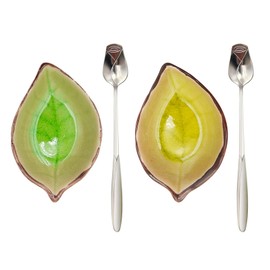 LYMOI 2 Pack Coffee Spoon and Leaf Rest Set, Ice Cracks Leaf Ladle Holder, Tea Spoon Rest for Kitchen Counter, Dining Table, Coffee Bar Teaspoon Rest with Spoon (Bright yellow and Grass green)