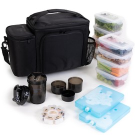 ThinkFit Large Black Meal Prep Lunch Bag, 8 Portion Control Containers, Pill Dispenser, Shaker Cup & 2 XL Reusable Ice Packs