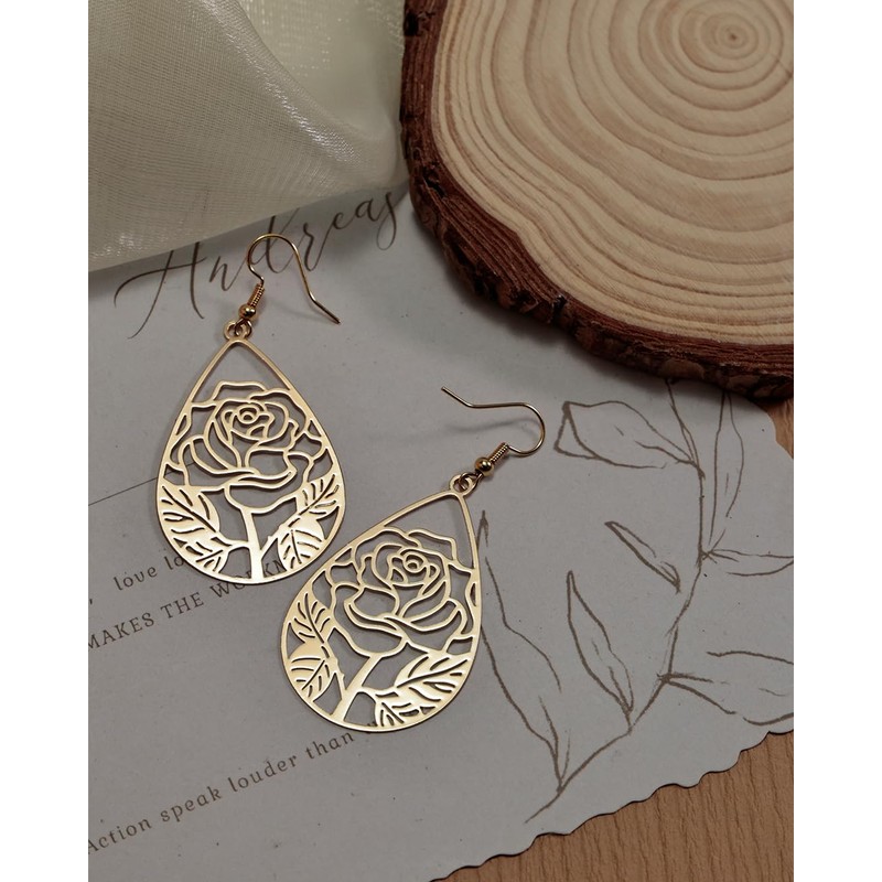 Teppdfann Gold Plated Rose Flower Filigree Teardrop Dangle Earrings Vintage