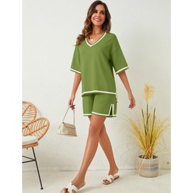 Bloggerlove Women Knit Sweater Short Sets 2 Piece Outfits V Neck Pullover Tops Wide Leg Short Sets Matching Lounge Set Deep Green M