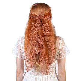 Telooco Lace Head Scarf Embroidery Rose Flower Brown Bandana Sheer Ruffled Hair Scarf Headband for Women Girls