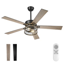 52 Inch Farmhouse Ceiling Fan with Light (Remote control to control fan speed) Black Industrial Caged with 5 Speed Reversible Motor and Dual Finish 5 Blades, Rustic Ceiling Fan for Living room