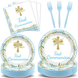 96Pcs First Communion Party Supplies Baptism Paper Plates and Napkins God Bless Tableware Mi Bautizo Disposable Dinnerware for Christening Baby Shower Religious Party Decorations for 24 Guests (Blue)