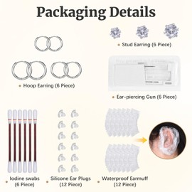 Disposable Ear Piercing Kit with 6 Piercing Guns, 3 Pairs of Earrings, Mark Pen, Iodophor Swabs, Cartilage Jewelry Studs & Accessories, Easy at Home Use (Rhinestone)