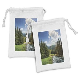 Lunarable Landscape Fabric Pouch Set of 2, Riverside Flowing Mountain with Towering Pine Trees and Rainbow Clouds Sunny Day, Small Drawstring Bag for Toiletries Masks and Favors, 9" x 6", Multicolor