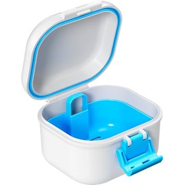ANYLEY Leak Proof Denture Cup, Travel Denture Holder Case for Soaking Dentures, Portable False Teeth Container with Strainer, Retainer Cleaner Case, White + Blue.