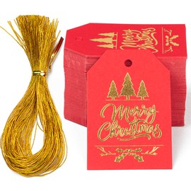Christmas Gift Tags,100pcs Gold Foil Paper Tags with Elastic Cord for Christmas Gift Wrapping and Christmas Tree Decorations（Red)
