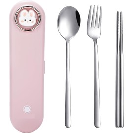 Travel Utensils with Case Cute, Reusable Silverware for Lunch, Portable Cutlery Set, Stainless Steel Fork Spoon Chopsticks in Cartoon Case, Dishwasher Safe (Pink, 21 * 5.5CM)