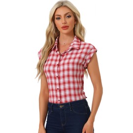 Allegra K Women's Summer Plaid Tops Casual Short Sleeves Western Button Down Shirt Medium Red Plaid