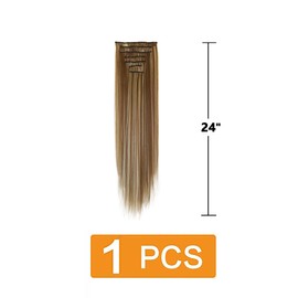 prinfantasy Clip in Hair Extensions Synthetic Hairpiece Medium Brown Hair Extension Flaxen Highlights Blonde Hair Piece, MW151