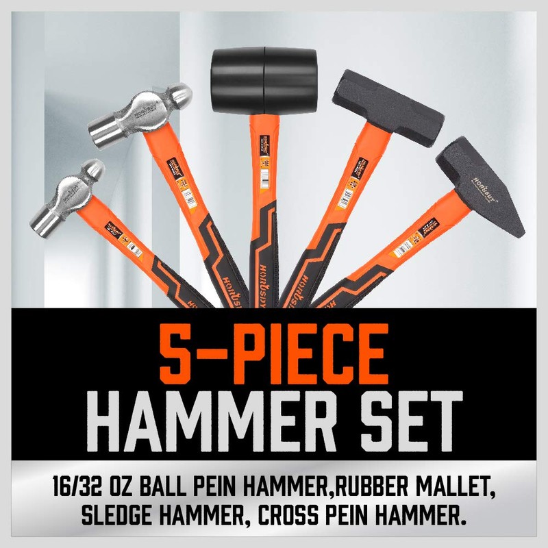 HORUSDY 5-Piece Hammer Set, 16oz and 32oz Ball Pein Hammers,