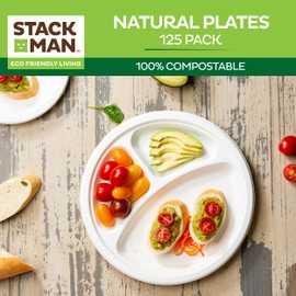 100% Compostable 10 Inch Heavy-Duty Plates [125-Pack] 3 Compartment Eco-Friendly Disposable White Bagasse Plate, Made of Natural Sugarcane Fibers - 10" Biodegradable Paper Plates by Stack Man