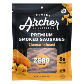 Country Archer Cheese-Infused Smoked Sausages - Meat and Cheese Sticks, Grass Fed Beef & Pork Jerky Sticks, Paleo, Low Carb, Healthy Snack, Zero Sugar, 8g Protein Per Serving - 4 oz (Pack of 1)
