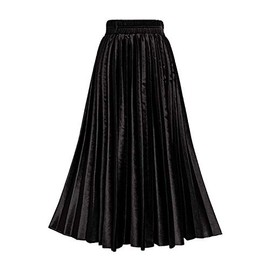 TONCHENGSD Women's High Elastic Waist Velvet Midi Long Pleated Swing Ruffled Skirt (Black, S)