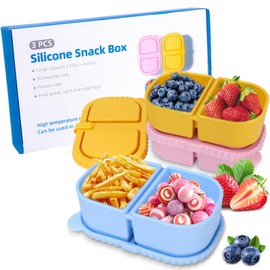 8.1oz Silicone Reusable Snack Containers with Lids, 3 Pack Double Compartment Small Mini Food Snackle Box Containers, Salad Dressing Sauce Seasoning Container for School,Travel, Office, Picnic