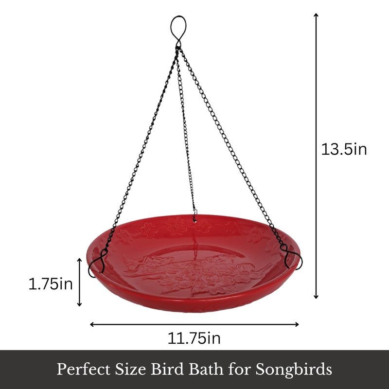 Backyard Essentials Red Ceramic Hanging Birdbath, Black Metal Chain Hanger,