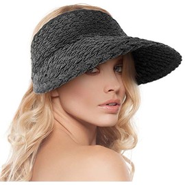 Sun Hats for Women Roll-up Straw Hats for Women Wide Brim Sun Visors for Women Beach Hats for Women Foldable Golf Hat Womens Visor Hat, Black Visor