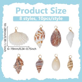 PH PandaHall 80PCS Shell Pendants, 8 Styles Spiral Seashells Craft Charms Ocean Seashell Dangle Charms Beads Ocean Sea Charm for Jewellery Making Charm Necklace Bracelet Earring Making