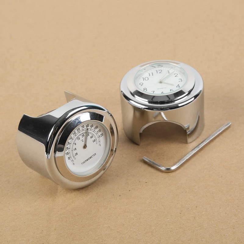 TCMT 7/8" 1" Motorcycle Handlebar Chrome White Dial Clock +