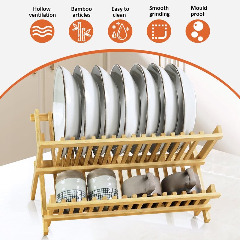 KKTONER Bamboo Dish Drying Rack 2 Tier Foldable Plate Organizer