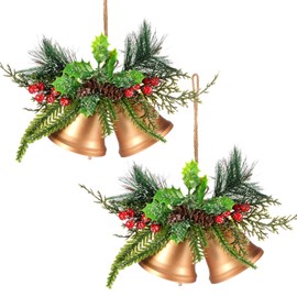 Tioncy Christmas Bell Hanging Ornaments 8.7" Large Rustic Christmas Metal Bell Decoration Xmas Hanging Decorative Bell with Christmas Red Berry for Christmas Wreath Tree Door Decor(Vintage Gold,2 Pcs)