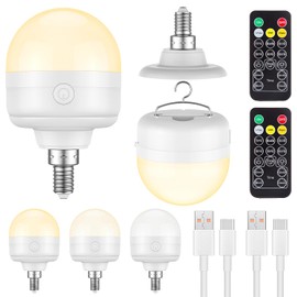 SCOPOW Rechargeable Light Bulbs with Remote Control Timer 3 Color Temperatures Battery Operated Light Bulbs Dimmer for Non-Hardwired Detachable (10W+E12+Hook+2PC)