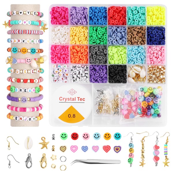 Mardiko 6000 Pcs Clay Beads Bracelet Making Kit for Girls with Smiley Faces Heishi Beads Handmade Multi-Colors Beads Set for DIY Necklace Earring Jewellery