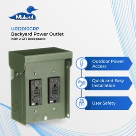 MIDWEST U012010GRP 2GFI Backyard Power Outlet • 2-20 Amp Backyard Outlet with GFCI Receptacles • Green Outdoor Metal Enclosure with two 20A Duplex GFI receptacles • Sold factory assembled