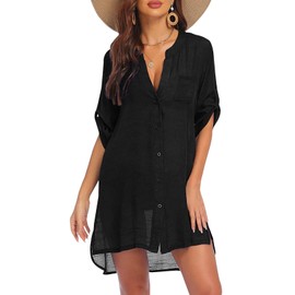 CEEMACE Traje de Baño Mujer Cover Up Bikini Blusa de Playa con Botones Mangas Cortas para Piscina Vacaciones