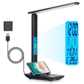 wanjiaone Multifunctional LED Desk Lamp with Wireless Charger,USB Charging Port,Clock,Phone Holder,Desk Lamps for Home Office,Eye-Caring Reading Lamp,Study Lamp for Boys,Girls,Teens,Pink