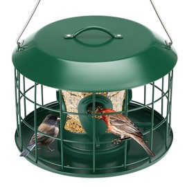 Kingsyard Tube Squirrel Proof Bird Feeders for Outdoor Hanging, Metal Caged Bird Feeder with Rain Proof Covered for Wildbirds Finches Bluebird, 4 Feeding Ports, Green