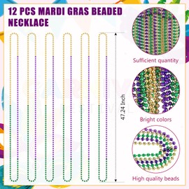 Ecally 47.24 Inch 7mm Mardi Gras Beads Necklaces, 12 Pcs Purple Green Gold Beads Necklace Bulk for Mardi Gras, Carnival