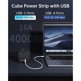 Steckdosenleiste, 7 in 1 Steckdosen mit USB, 3 Steckdosen, mit Schalter, 2 m, Steckdosenleiste mit USB, ideal für Wohnzimmer, Büro, Schlafzimmer