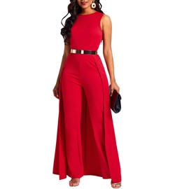VERWIN Patchwork Overlay Embellished Plain Women's Jumpsuit High-Waist Woman Romper Red XL