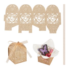 Craftdady Love Heart Flower Laser Cut Favor Boxes 10Pcs Gold Hollow Out Paper Gift Case with Ribbon Glitter Rectangle Wedding Party Candy Box for Wedding Gift Packaging