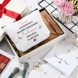 Xuniea 5er Geschenke für Freunde Schwester Kosmetiktasche mit Text Gravierter Schlüsselanhänger mit Herzförmigem Anhänger Rosa Kugelschreiber Grußkarten und Umschläge Geburtstagsgeschenk(Schwester)