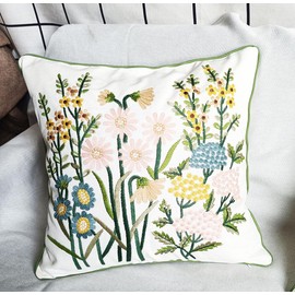 ZUODUTEX Embroidered Small yellow Chrysanthemum Cushion cover 45 X 45 Cm Pink Flower Canvas Cushion Case blue Daisy Embroidery Cushion Protector (Pink)
